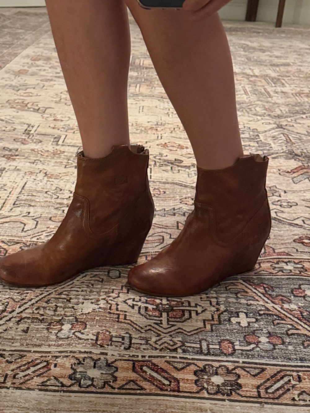 Womens Frye Carson Brown Leather Wedge Boots - size 9.5